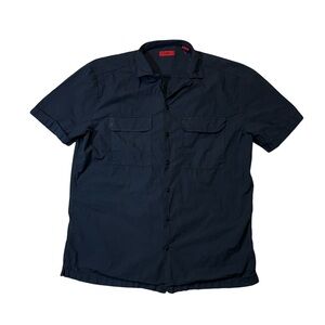 Hugo Boss mens XL navy blue short sleeve button up casual shirt EUC